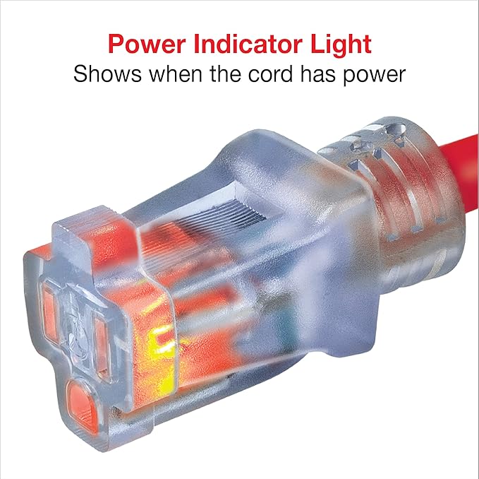 Clear Power Heavy Duty Outdoor Extension Cord - 50 FT, Red | for Extreme Cold Weather -50°C, 12/3 SJTW, Water & Weather Resistant, Flame Retardant, 3 Prong Grounded Plug (CP10107)
