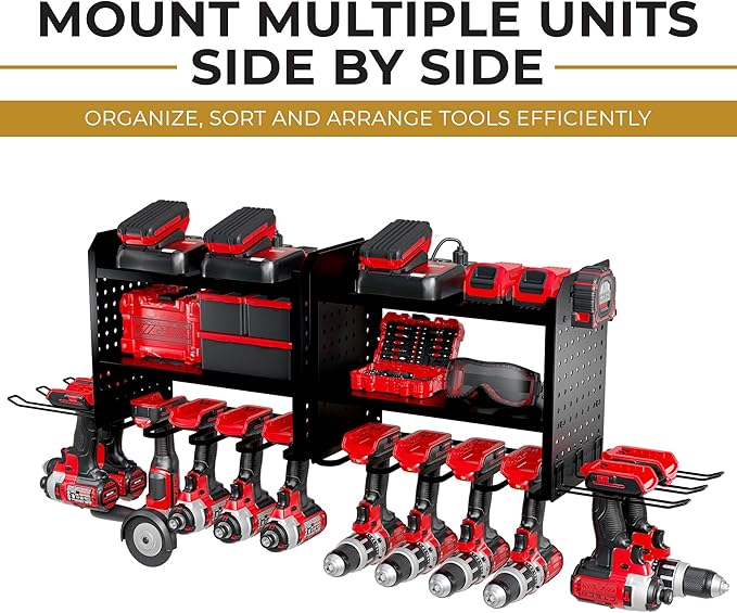 BUILTSTRONG Power Tool Organizer-6 Drill Holder Wall Mount, 3 Tier Heavy-Duty Hand Tool Storage Rack, Utility Racks, Drill Holder, 2 Pegboard Sides - Garage Storage Cordless Tool Organizer (Black)