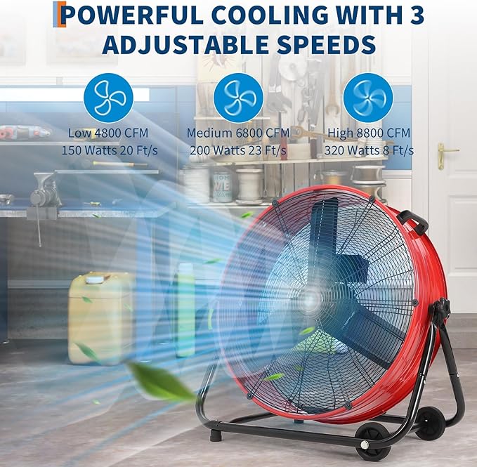 GarveeHome 24 in High Velocity Drum Fan, Heavy Duty Industrial Floor Fan with Adjustable 3 Speed 4800-8800 CFM Cooling, for Industrial Commercial Space Garage, Metal Blades/360° Rotation