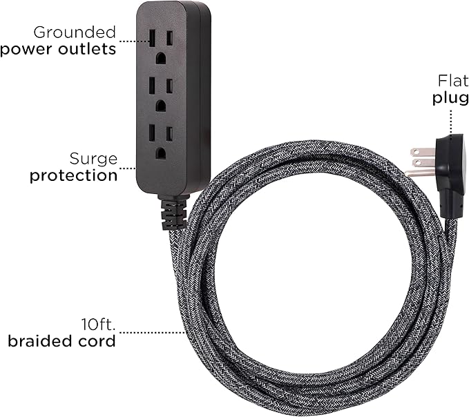 Cordinate 3 Outlet Power Strip Surge Protector Indoor Extension Cord 16 Gauge 245 Joules 10 Ft 3 Prong Braided Extension Cords Flat Extension Cord ETL Listed Gray 43013