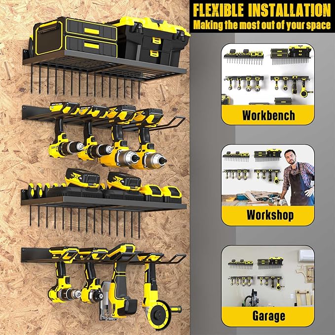 MOOMSINE Power Tool Organizer Wall Mount, Heavy Duty Tool Organizers and Storage, Cordless Drill Holder and Battery Shelf, Metal Storage Rack for Garage Organization (Drill 2 racks & 2 shelves)