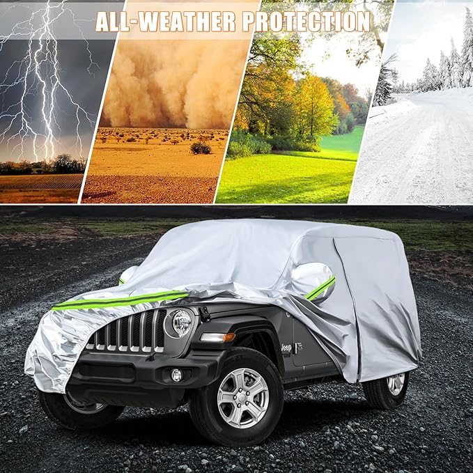Waterproof Car Covers Replace for 2007-2025 Jeep Wrangler 4 Doors, 6 Layers Silver All Weather Car Cover with Zipper Door & Windproof Bands for Snow Rain Dust Hail Protection