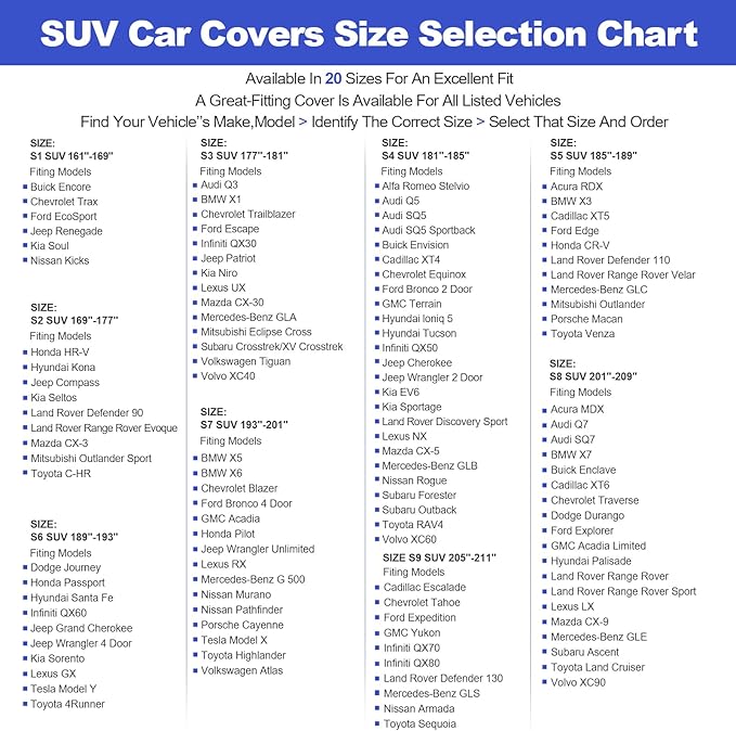 Waterproof Car Cover Compatible with RAV4/Cherokee/CX-5/Tucson/Rogue/Forester/XC60 All-Weather Protection, 181"-185" SUV PEVA Car Cover with Zipper Door