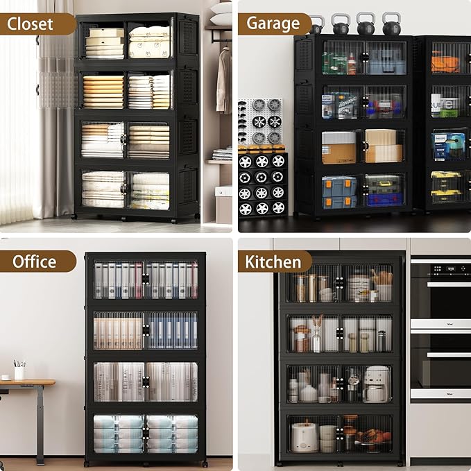 SAILUN 190Gal/760Qt Stackable Storage Bins Folding Collapsible Storage Bins with Lid, Closet Organizers and Storage Box with Door Black 33.5" W x 19" D x 69" H