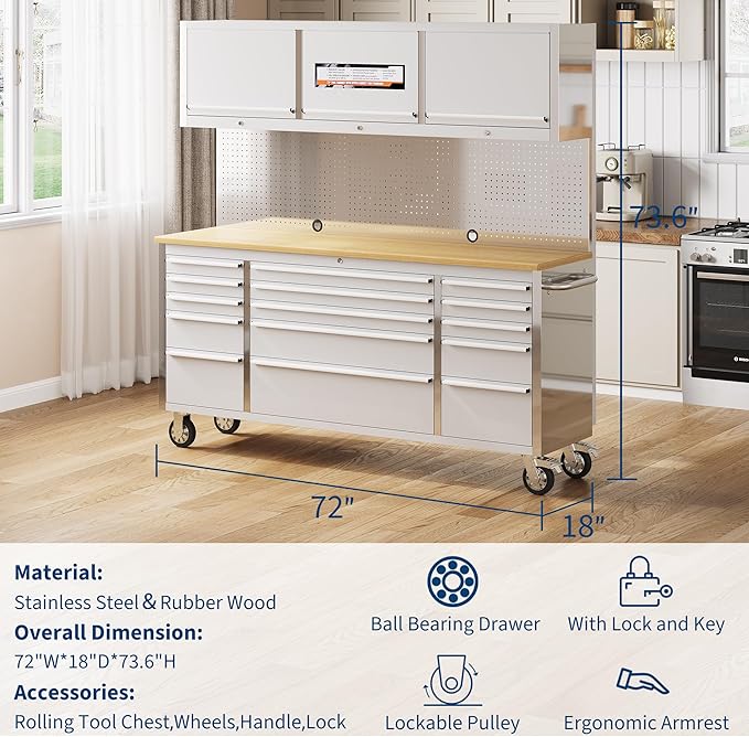 GAOMON 72 Inch Tool Chest, Tool Cabinet with 15 Drawers, Mobile Storage Cabinet with Locking System, Stainless Steel Material and Sturdy Structure, High Capacity for Home Workshop Kitchen and Garage.