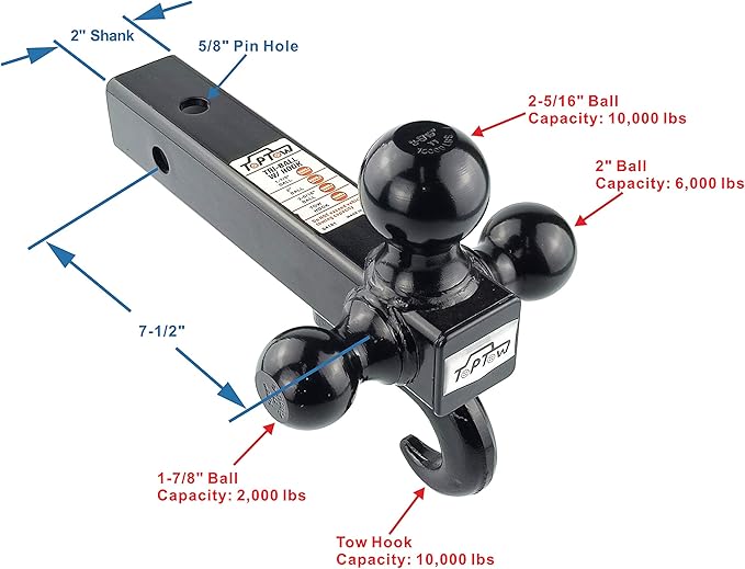 TOPTOW 64181 Trailer Receiver Hitch Tri Ball Mount with Hook Black Balls Fits for 2 inch Receiver
