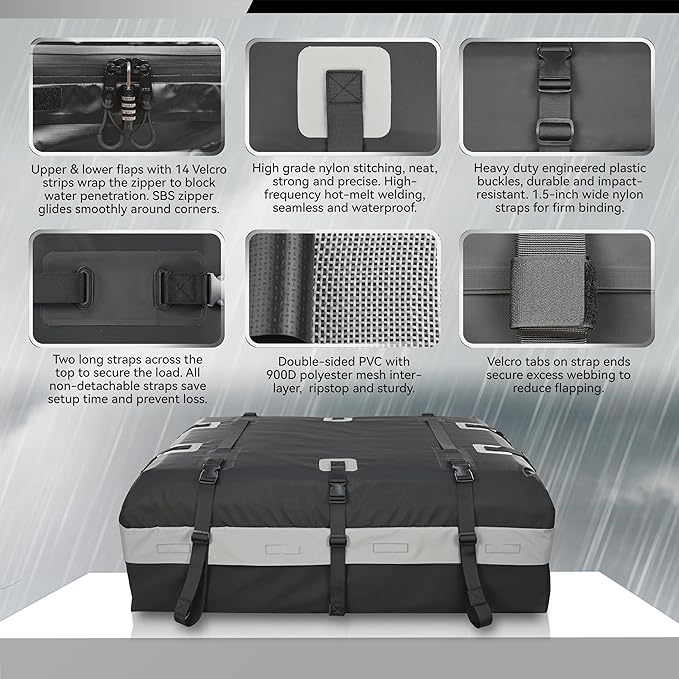 MARCHWAY Waterproof Car Roof Luggage Bag, Weatherproof Soft Shell Rooftop Cargo Carrier Bag for Vehicles with or Without Rack. 6 Door Hooks, Anti Slip Mat, Lock Included (21 Cubic Feet, Black)