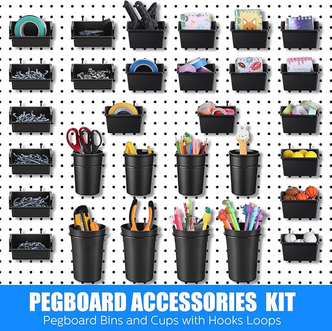 Sieral 64 Pieces Pegboard Bins Pegboard Cups with Hooks and Loops Peg Hooks Assortment Organizer Accessory for Organizing Accessories Tools Storage Office Workshop Garage Workbench (Black)