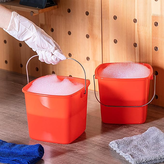 Zhehao 6 Pcs 3 Quart Bucket for Cleaning Small Sanitizer Bucket for Restaurant Square Plastic Pail with Handles for Home, Offices, Commercial Use, Food Service(Red)