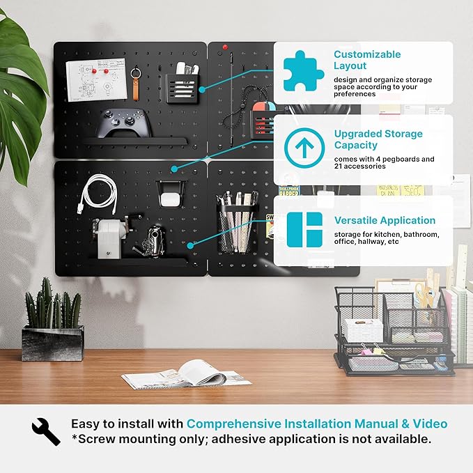 PEGZONE Pegboard Wall Organizer Combination Kit,Overall 33.1"x25.4" Metal Office Pegboard with 21 Accessories, Wall Mounted Peg board Display Panels for Home, Gaming Room, Garage (4Pcs,Black)