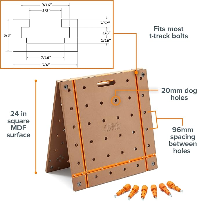Bora Centipede Table Top 2x4 Folding Workbench Top with T-Tracks and 20mm Dog Holes for Accessories - Portable Work Table Tops for Bora Tools Centipede Stand - CK24TM