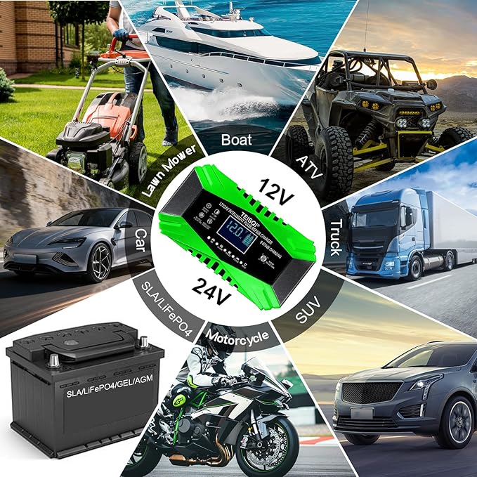 Battery Charger,12-Amp 12V/24V Smart Battery Trickle Charger - Automotive Battery Maintainer Desulfator with Temperature Compensation for Car Motorcycle Mower Marine Lead Acid/LiFePO4 (Green)