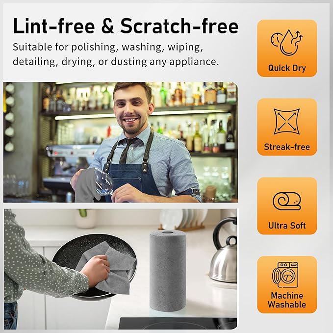 HOMERHYME Microfiber Cleaning Cloth Roll, 75 Pack Tear Away Microfiber Towels, Reusable Washable Shop Towels, Lint Free Cleaning Rags for Car, Home, Garage & Workshop 11.5"x11.5" Grey