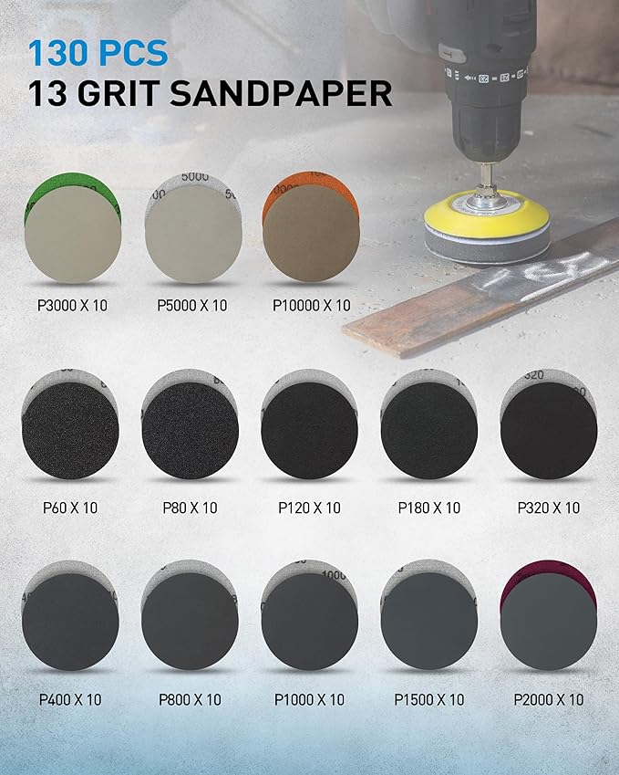 S SATC 143 PCS Headlight Restoration Kit, 3 Inch Hook and Loop Sanding Disc kit Drill Polisher Attachment, 60-10000 Grit Polishing Buffing Pads for Car Sanding, Waxing, Buffing, Scouring, Cleaning