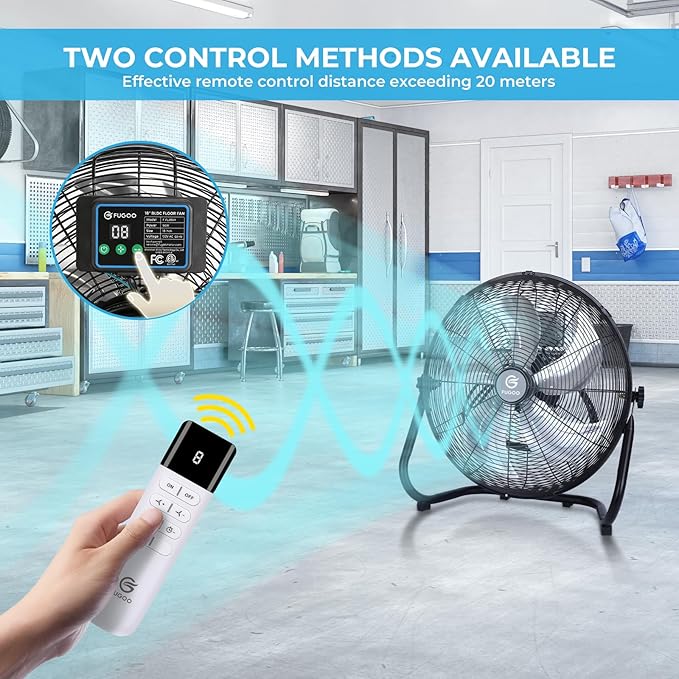 FUGOO 18" High Velocity Floor Fan with Remote,BLDC Motor,Quiet,8 Speeds, Tilt Head, ETL-Listed Safety Compliance, Metal Housing/Blades, Ideal for living Room/Commercial Space/Garage/Gym, 90W,3600CFM