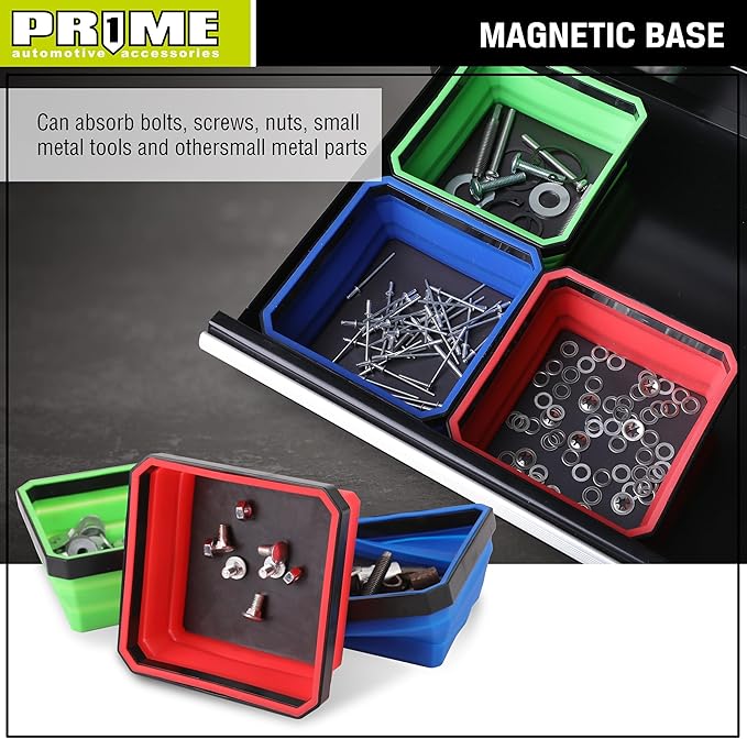 PR1ME Collapsible Magnetic Parts Tray Set, Foldable Magnetic Tray, 3 Pieces 4.25 inch Square Silicone Bowls with Magnetic Base Stores and Organizes Small Parts and Tools