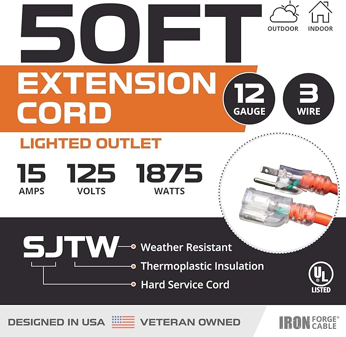 IRON FORGE CABLE 50 Ft Orange Extension Cord - 12/3 SJTW Heavy Duty Lighted Outdoor Extension Cable with 3 Prong Grounded Plug for Safety, 15 AMP - Great for Garden & Major Appliances