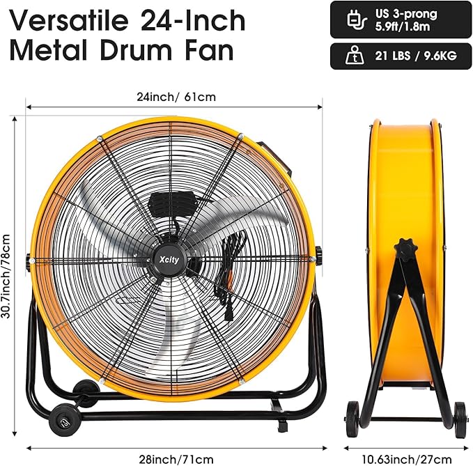 Xcity 24 Inch Heavy Duty Drum Fan, High Velocity 8700 CFM Industrial Air Circulator, 3-Speed & 360° Adjustable Tilt, Powerful Cooling for Warehouse, Factory, Garage & Workshop