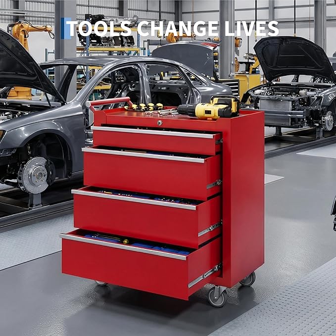 IDEALHOUSE Rolling Tool Chest, 4 Drawers Tool Storage Cabinet, Toolbox with Wheels, Portable Tool Cabinet Organizer with Locking System & Drawer Liners, Tool Storage Cart for Garage, Workshop, Red