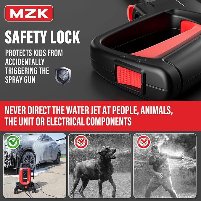 MZK Pressure Washer, Power Washer with Anti-Tipping Technology, 4 Wheels, 4 Quick Connect Nozzles, Foam Cannon, for Cars, Fences, Driveways, Patios, Home & Outdoor Cleaning - Deep Red