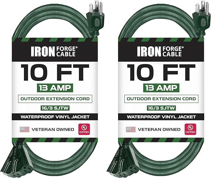 Iron Forge Cable 2 Pack 10ft Green Outdoor Extension Cord with 3 Outlets - 16/3 SJTW 10ft Extension Cord, 13 Amp All-Weather Heavy Duty Power Cable
