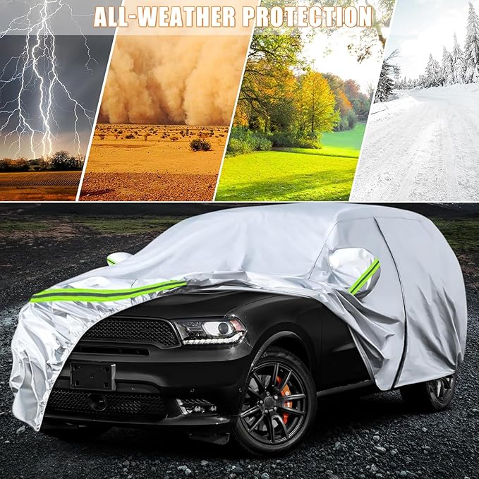 Waterproof Car Covers Replace for 2011-2025 Dodge Durango, 6 Layers Silver All Weather Custom-fit Car Cover with Zipper Door & Windproof Bands for Snow Rain Dust Hail Protection