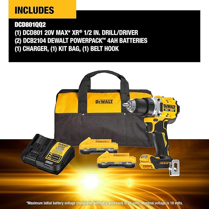 DEWALT 20V MAX XR Brushless Cordless 1/2 in. Drill Driver Kit With DEWALT POWERPACK Batteries and Charger (DCD801QQ2)