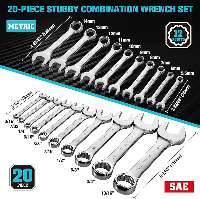 DURATECH 52-Piece Combination Wrench Set, 32 PCS Combo & 20 PCS Stubby, SAE & Metric, CR-V Steel, with Rolling Pouch