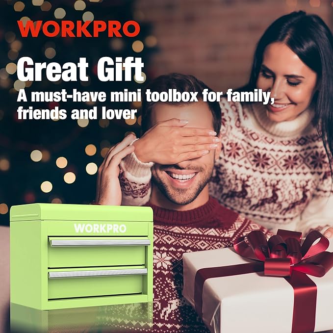 WORKPRO Mini Metal Tool Box with 2 Drawers and Top Storage, Small Tool Chest with PVC Liners and PP Feet Pads, Cold Rolled Steel Toolbox with Magnetic Tab