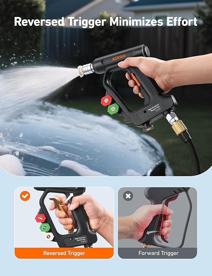 AstroAI Short Pressure Washer Gun with Swivel - High Pressure Washer with 4 Nozzles and 3/8” Swivel Quick Connector Plug - 4060PSI Max and Compatible with Hose, Foam Cannon Car Wash Foam Gun, Black
