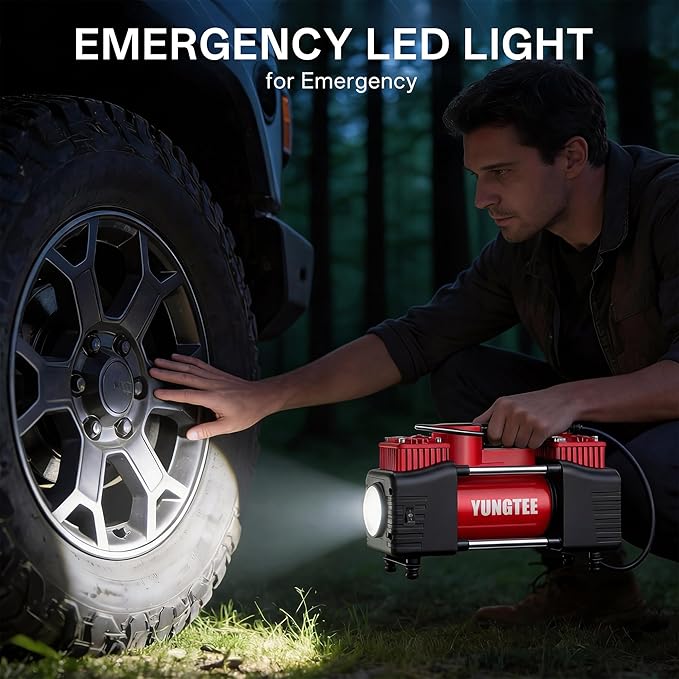YUNGTEE Tire Inflator Heavy Duty Double Cylinders Direct Drive Inflation Pump,12V Portable Air Compressor Pump with Emergency LED Light - 150PSI Tire Pump,Apply to Car,SUV,RV