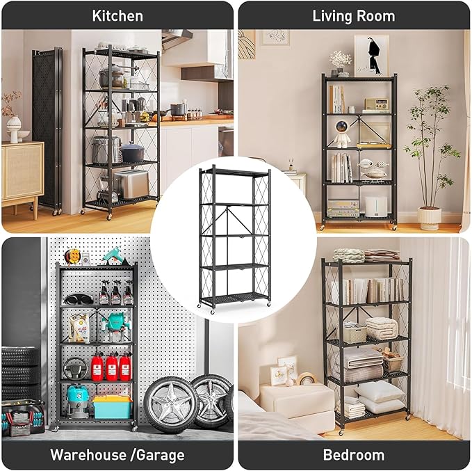 Foldable Storage Shelves with Wheels, Folding Shelving Units Storage, Heavy Duty Metal Collapsible Shelf No Assembly, Large Capacity Pop-Up Organizer for Garage,Kitchen,Living Room, 4-Tier Black