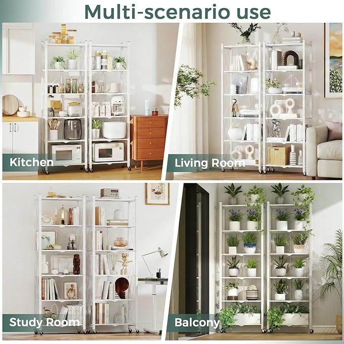 DEANIC 6-Shelf Folding Bookcase with Wheels, Heavy Duty Storage Shelves, Freestanding Metal Wire Shelving Unit for Living Room, Office, Kitchen, Basement, Pantry (White 2 Pack)