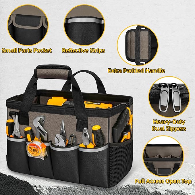 NECKORY Tool Bag, Portable Tool Box Organizer Adjustable Shoulder Strap, Carry Tool Tote Heavy Duty Tool Storage Bag With Wide Mouth,Tool Bags for Men Mechanic EngineerGift - L, Coffee & Black