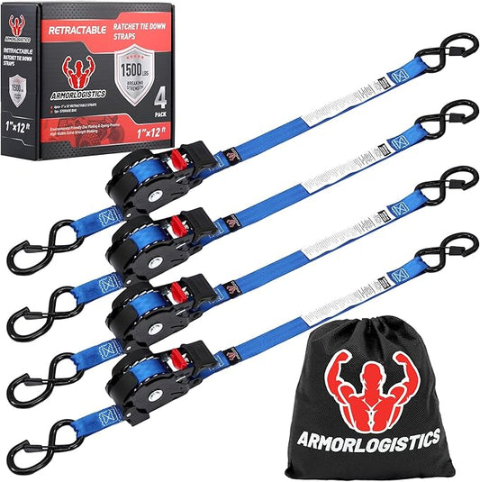 Retractable Ratchet Straps 4 Pack, 1 in x 12 FT Auto Ratchet Straps for Motorcycle, Kayak and Trucks, Breaking Strength 1,500LBS/500LBS Working Load Limit Blue