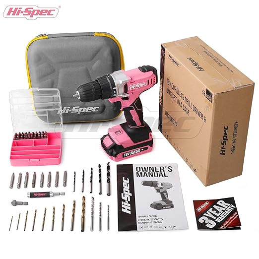 Hi-Spec Pink Cordless Drill Set, 18V Electric Drill with Battery And Charger,Includes Driver/Drill Bit Set for Wood, Steel and Concrete.In a Carrying Case for Home Repair, 58-Piece