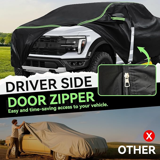 Car Cover for Ram 2500/3500 Pickup Truck 2003-2023 – Durable 210D Oxford Fabric, Waterproof & UV-Resistant, All-Weather Protection with Windproof Straps and Reflective Details