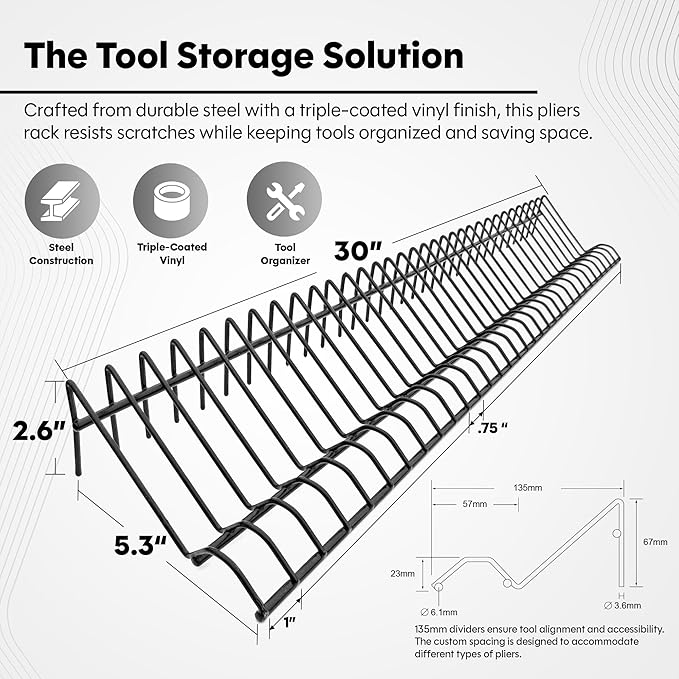 Pliers Rack for Tool Drawer Storage, Holds 32 Tools, Steel Frame, Triple-Coated Vinyl, Adjustable Organizer for Toolboxes, Durable Holder for Home, Garage, and Professional Use