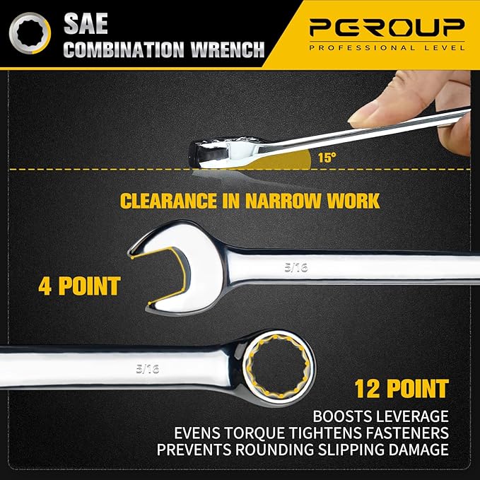 5/16" SAE Combination Wrench, CR-V Steel with Mirror Polish, 12-Point Design, 15-Degree Offset, Perfect for Auto Repair, Household, Car & Truck Emergency