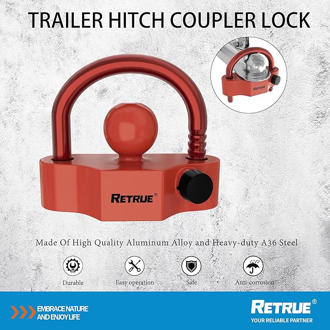 RETRUE Universal Coupler Lock Trailer Locks Ball Hitch Trailer Hitch Lock Adjustable Security Heavy-Duty Steel Fits 1-7/8 Inch, 2 Inch, 2-5/16 Inch Couplers Red & Red