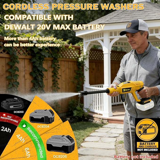 Cordless Pressure Washer Compatible with DeWalt 20V Battery, 800 PSI Portable Handheld Power Washer with 6-in-1 Nozzle Foam Cannon for Car Floor Fence Wall Patio Cleaning (Battery Not Included)