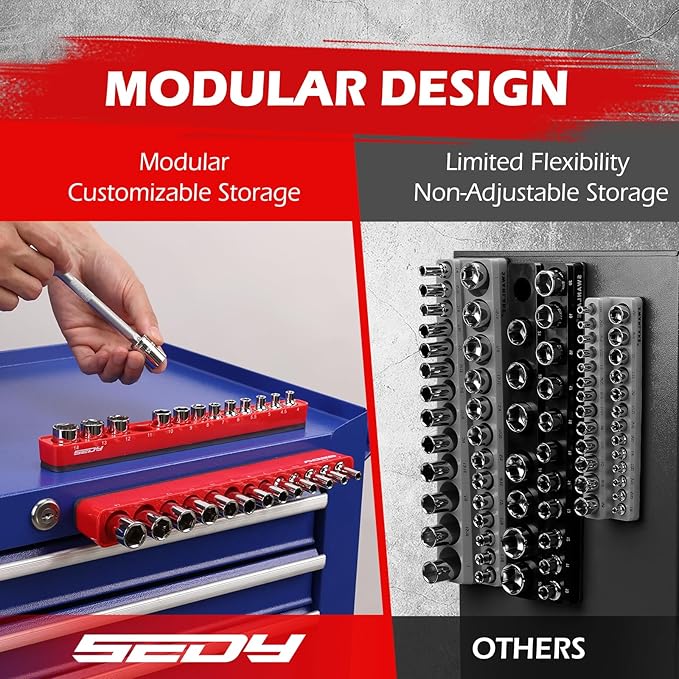 2-Piece 1/4"-Drive Metric Magnetic Socket Organizer Set (Holds 26 Sockets) - Detachable Tool Tray with 5mm Magnetic Base, Screw-Fixed Design & Heavy-Duty Modular Storage for Garage/Home Workshop