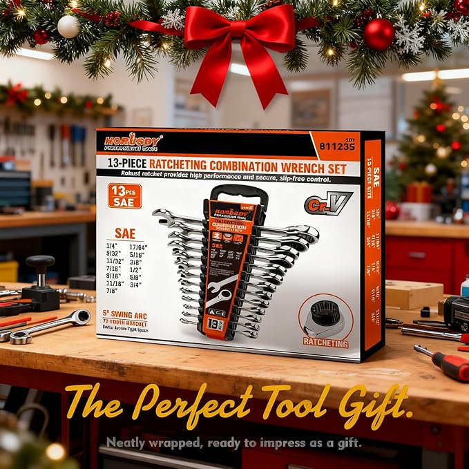 HORUSDY 13-Piece Sturdy Ratcheting Wrench Set | SAE 1/4''–7/8'' | Max Torque Ratchet Combination Wrenches Set with Storage Rack | 72-Tooth | Chrome Vanadium Steel