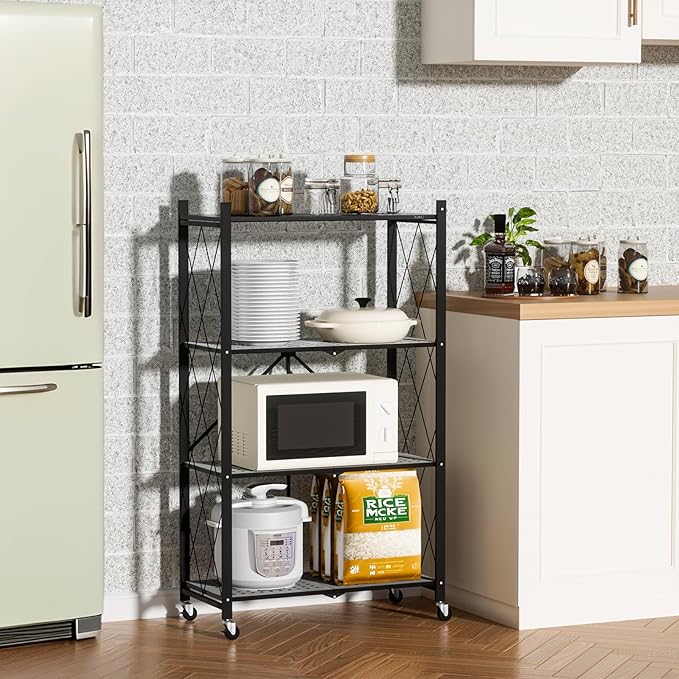 ALANNG Heavy Duty 4-Tier Folding Shelf with Wheels, No Tools Assembly Metal Storage Rack Cart, 264LBS Capacity for Kitchen, Pantry, Laundry Room, Garage, (Black, 1PACK)