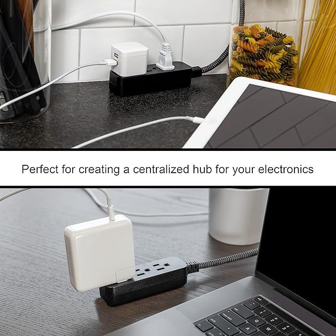 GE 3-Outlet Power Strip Surge Protector 15 Ft Braided Long Cord Extension Cord Surge Protector Power Strip Flat Plug Extension Cord 250 Joules ETL Listed Black 44237