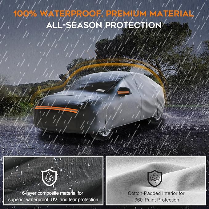 Sedan Car Cover Waterproof All Weather for Automobiles，Outdoor Heavy Duty Full Exterior Covers with Zipper Door, Rain Sun Snow Dust UV Protection, Windproof Straps & Reflective Strips(Up to 169")
