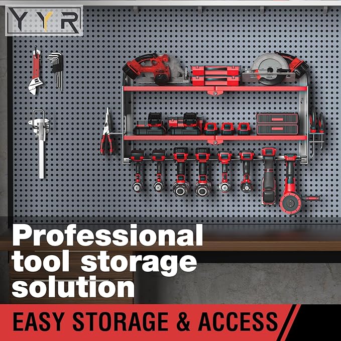 YYR Heavy Duty 6-Level Lumber Storage Rack - Orange & 32 Inch 8 Slots Power Tool Organizer Wall Mount