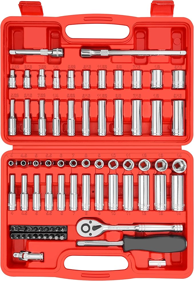 YIYITOOLS 74 Pcs 1/4" Drive Socket Set,1/4-Inch Drive Master Socket Set with Ratchets,Extensions with 1/4" Drive Bits Set,Universal Joint (5/32-Inch- 9/16-Inch, 4mm-14mm)