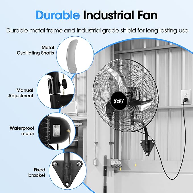 Xcity 18 inch Industrial Wall Mounted Oscillating Fan, 3-Speed, High Velocity, Max 4200 CFM, Adjustable Tilt, Heavy Duty Metal Outdoor Fans for Patio, Garage, Workshop, Warehouse, Black