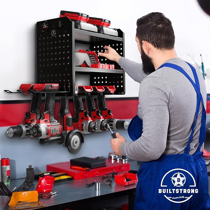 BUILTSTRONG Power Tool Organizer-6 Drill Holder Wall Mount, 3 Tier Heavy-Duty Hand Tool Storage Rack, Utility Racks, Drill Holder, 2 Pegboard Sides - Garage Storage Cordless Tool Organizer (Black)